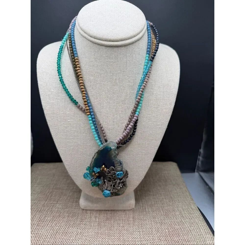 Murano Glass Statement Necklace Multicolor Beads & Floral Pendant Ann Primrose C